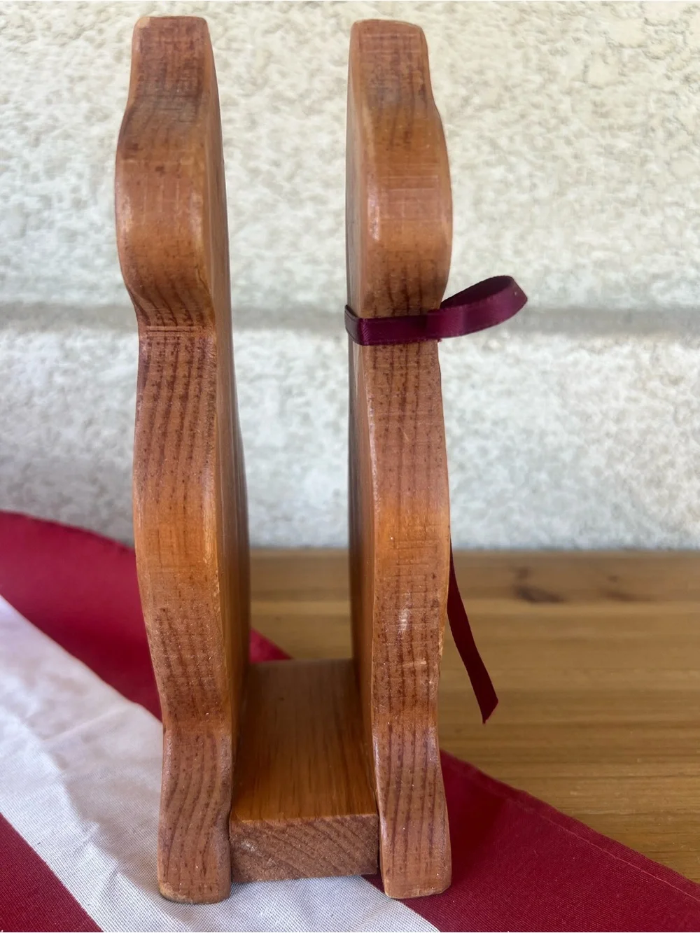 Wooden Cat Figurine with Burgundy Ribbon